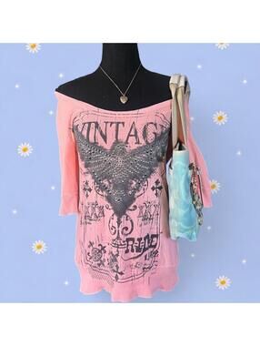 Vintage Y2K Daytrip Coastal Off Shoulder Quarter Sleeve Top Size Medium 💖